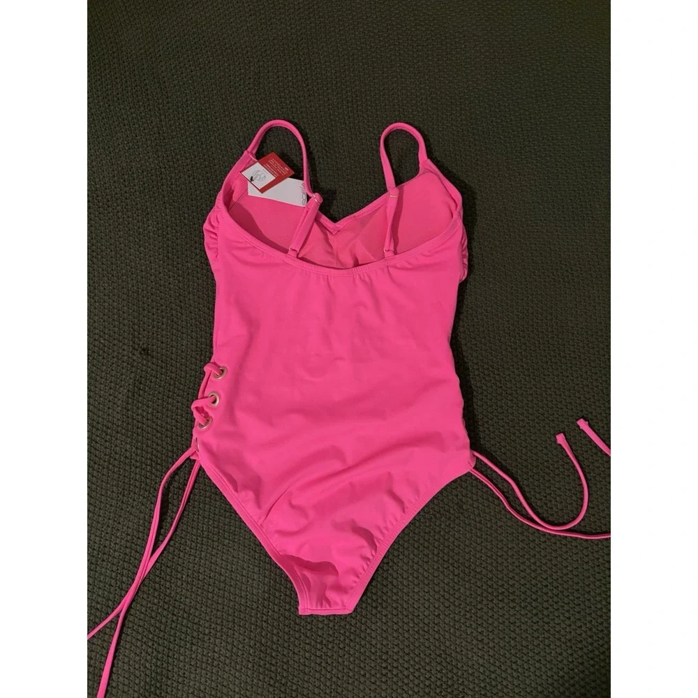 Sofia Vergara Swimsuit Women Pink Lace Up Side One Piece Neon Gold Grommet S 4-6